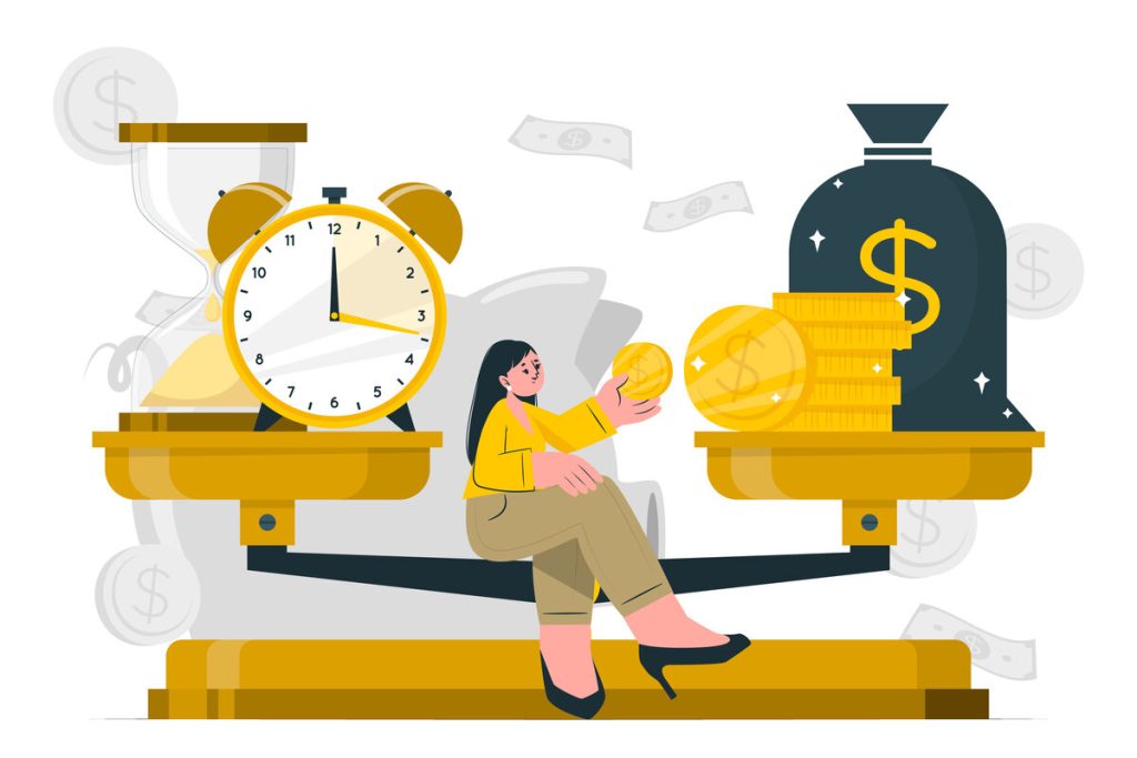 An illustration showing a balance scale with speed and cost on either side. A woman sits on the scale, holding a coin, symbolizing the trade-off and balance between time and financial wealth.